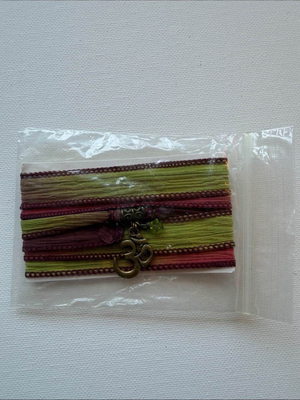 Silk Ribbon Bracelet Set with Om Charm - Green & Burgundy never worn